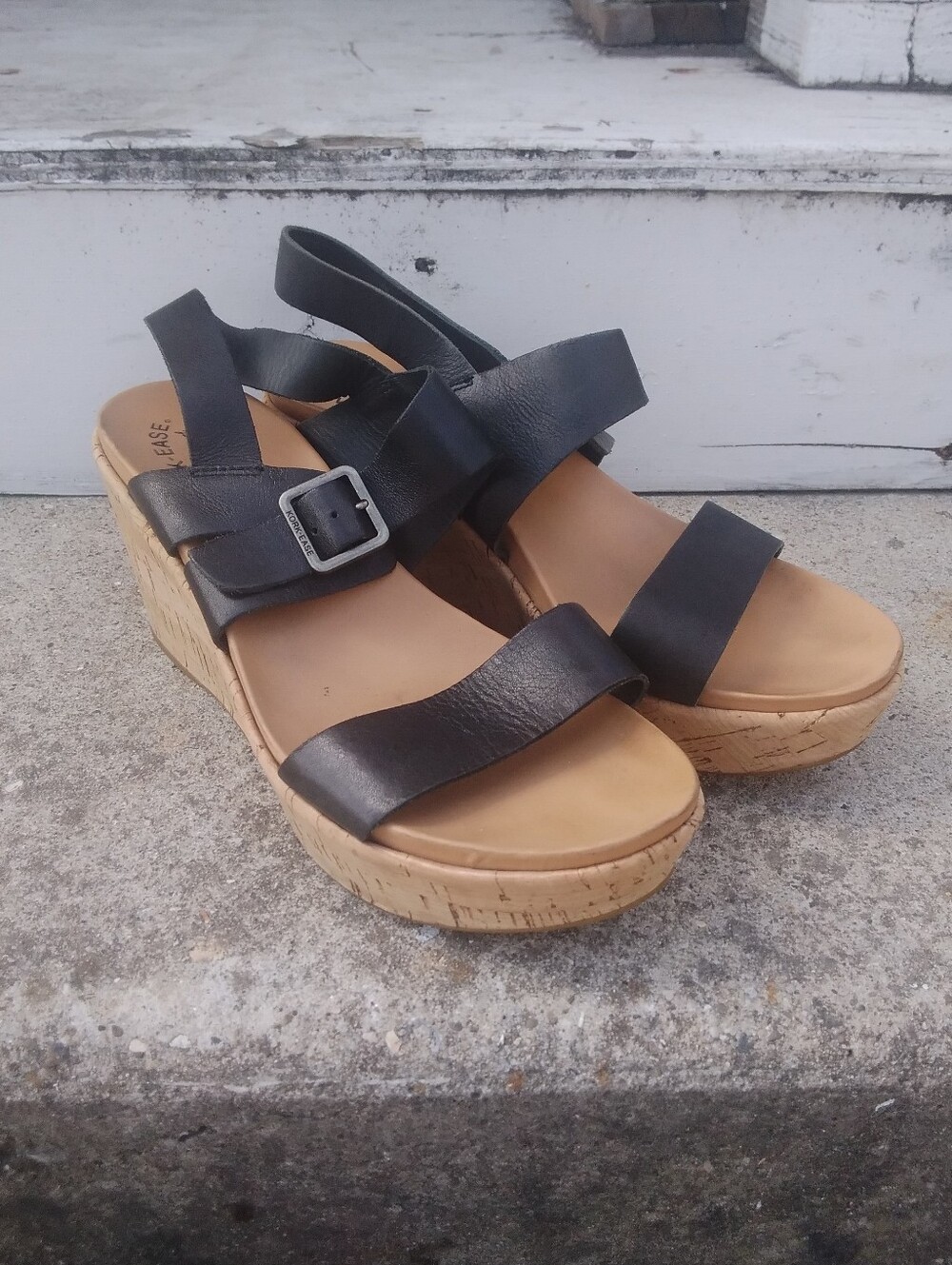 Kork-Ease Black Leather Platform Cork Wedge Sandals Womens 10 Shoe Strappy